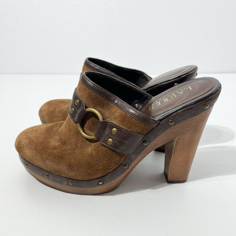 REVOLVE Ralph Lauren Brown Suede Studded Leather Clog Mules with Ring Accent - Picture 4 of 9